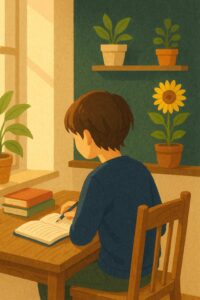 木製の机で勉強する子どもの後ろ姿。室内には観葉植物が並び、窓から暖かな日差しが差し込んでいる。
