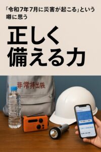 非常持出袋やヘルメット、防災グッズとスマートフォンが並ぶ机上の防災準備の写真。『正しく備える力』という文字入り