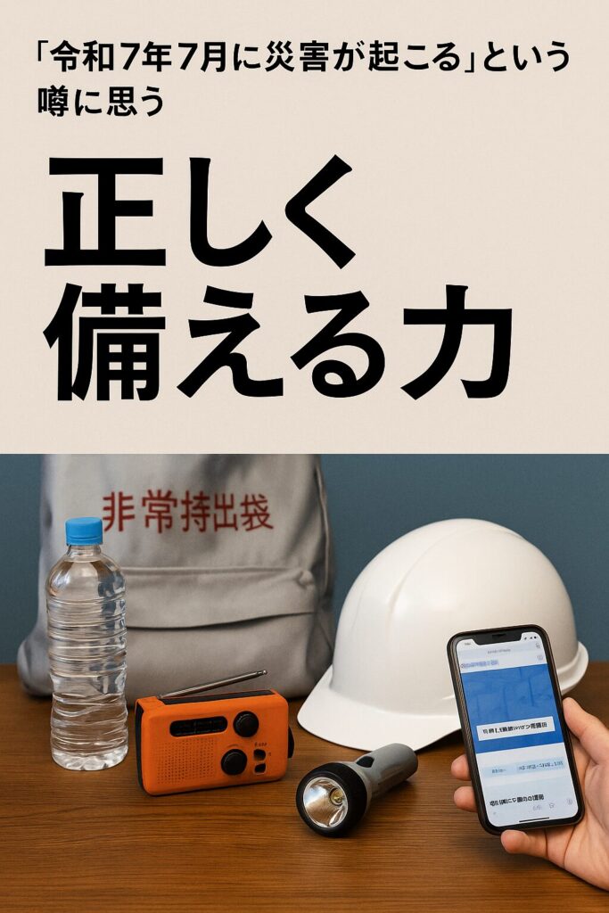 非常持出袋やヘルメット、防災グッズとスマートフォンが並ぶ机上の防災準備の写真。『正しく備える力』という文字入り