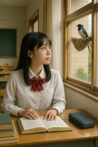 桑名高校理数科で学ぶ女子生徒が、教室で本を読みながら窓の外を見つめて進路を思案する様子