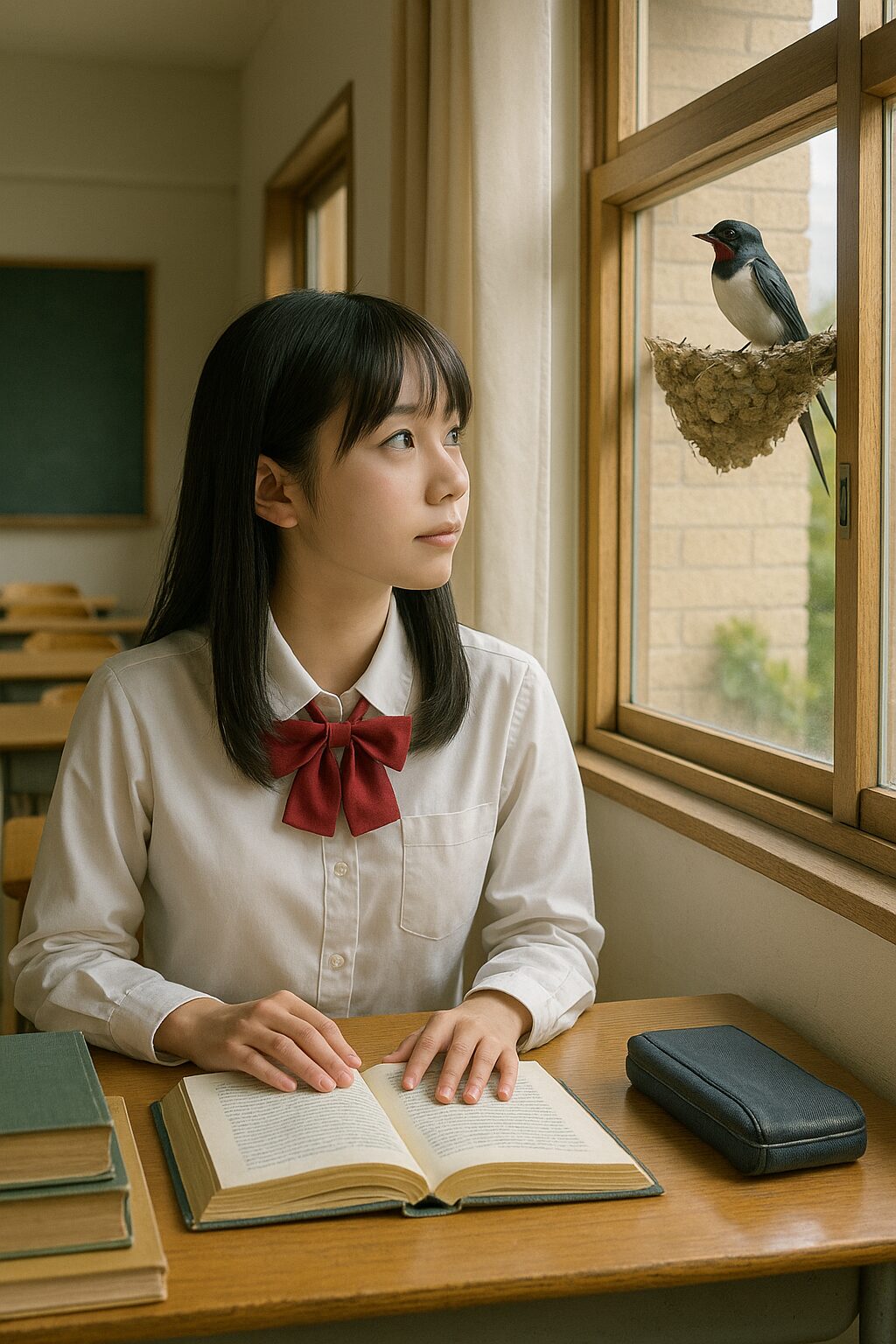 桑名高校理数科で学ぶ女子生徒が、教室で本を読みながら窓の外を見つめて進路を思案する様子
