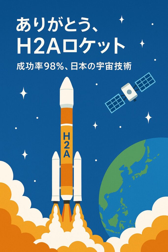 H2Aロケットの打ち上げと地球、成功率98％の日本の宇宙技術をたたえるイラスト