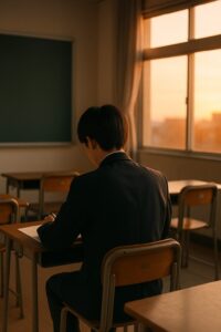 夕方の教室で机に向かって勉強する男子高校生の後ろ姿
