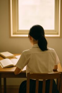 机に向かって勉強する女子高校生の後ろ姿（朝の自然光が差し込む部屋）