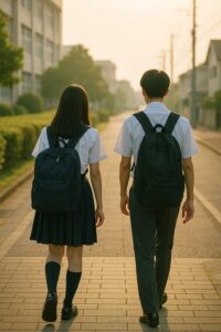 朝日を浴びながら登校する男女の高校生の後ろ姿