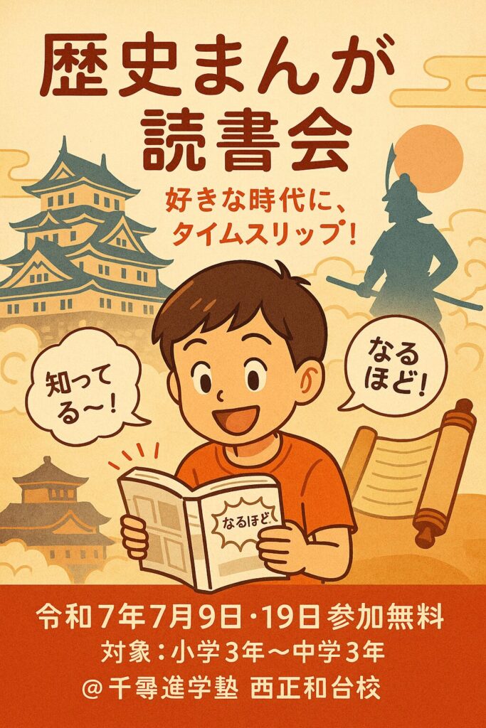 歴史まんが読書会の告知ポスター。男の子が楽しそうに漫画を読んでいるイラストと、城や武士のシルエットが背景に描かれている。