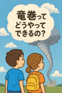 竜巻を見上げる小学生の男女と「竜巻ってどうやってできるの？」という吹き出しのイラスト