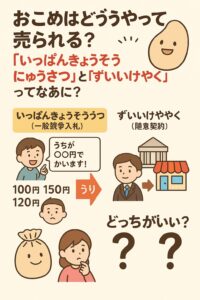 「おこめはどうやって売られる？」というテーマで、一般競争入札と随意契約の違いをイラストで説明した教育用ポスター