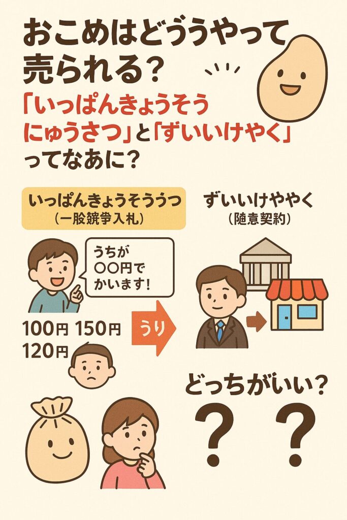 「おこめはどうやって売られる？」というテーマで、一般競争入札と随意契約の違いをイラストで説明した教育用ポスター