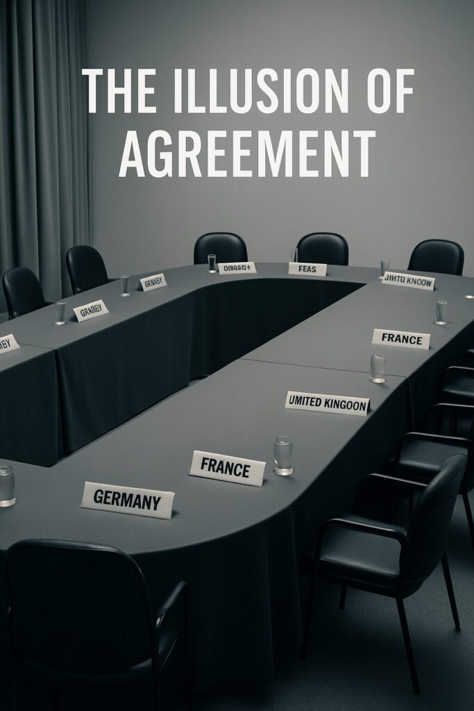 空席のまま残された国際会議のテーブルと国名プレート。「The Illusion of Agreement」という文字が会議の虚構を象徴している。