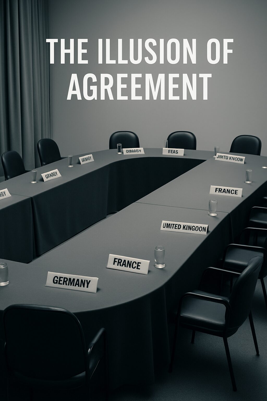 空席のまま残された国際会議のテーブルと国名プレート。「The Illusion of Agreement」という文字が会議の虚構を象徴している。