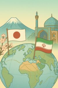 日本とイランの国旗が立つ地球儀の上に、富士山と桜、イランのモスクが描かれたイラスト風画像