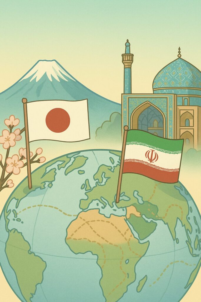 日本とイランの国旗が立つ地球儀の上に、富士山と桜、イランのモスクが描かれたイラスト風画像