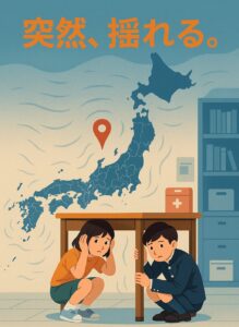 日本海側の地震に備えて、教室で机の下に避難する子どもたちのイラスト。背景には日本地図と震源地のマーク。