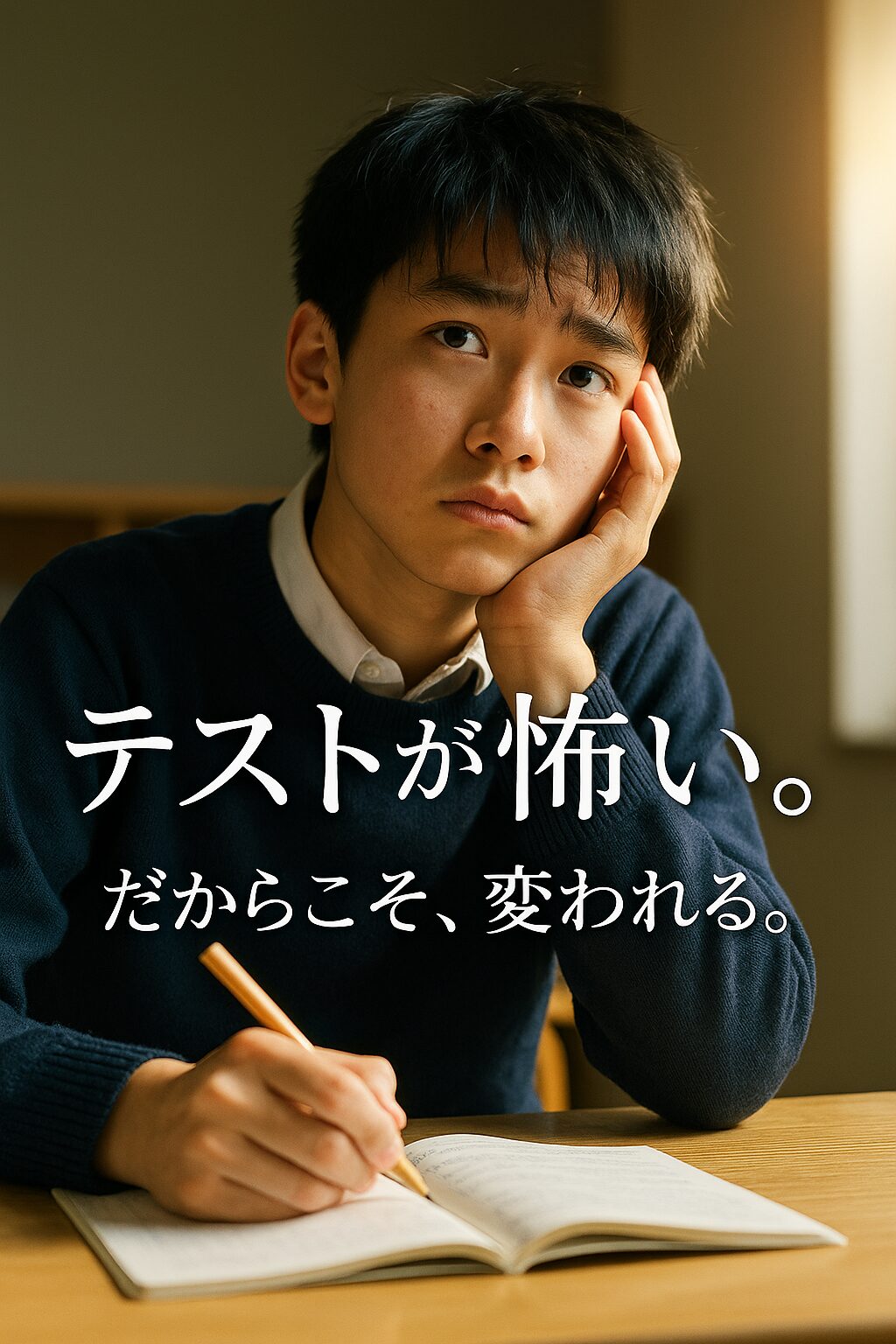 A Japanese middle school boy sitting at a desk, looking anxious before an exam, with sunlight coming through the window.