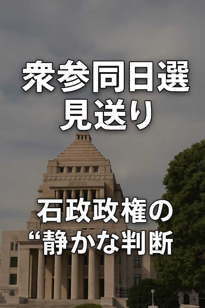 国会議事堂の前景に「衆参同日選、見送り」「石破政権の“静かな判断”」と書かれた政治ニュース風画像