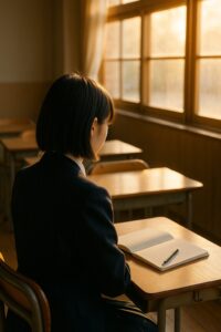 ブレザー制服を着た高校生が、朝日の差し込む教室でノートを開いて座っている後ろ姿。