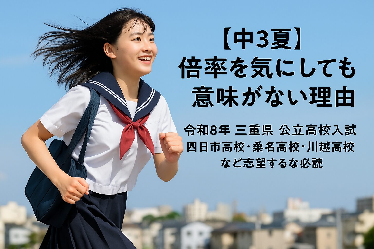 夏服の女子中学生が青空の下を元気に走る様子(三重県の公立高校入試対策を象徴)