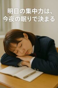 机にうつ伏せで眠る日本人女子高校生。上部に『明日の集中力は、今夜の眠りで決まる』というメッセージが表示されている。