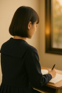 日本の女子高校生が、午後の光差し込む教室でノートにペンを走らせている後ろ姿。