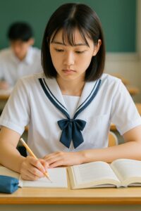 夏服を着た女子中高生が教室でノートを取りながら勉強している様子