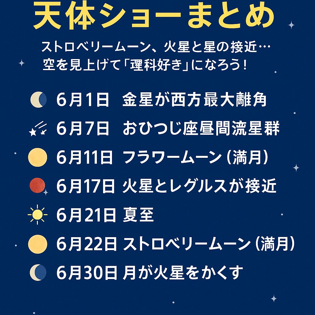 2025年6月に見られる天体ショーの一覧をイラスト付きで紹介した日本語ポスター画像