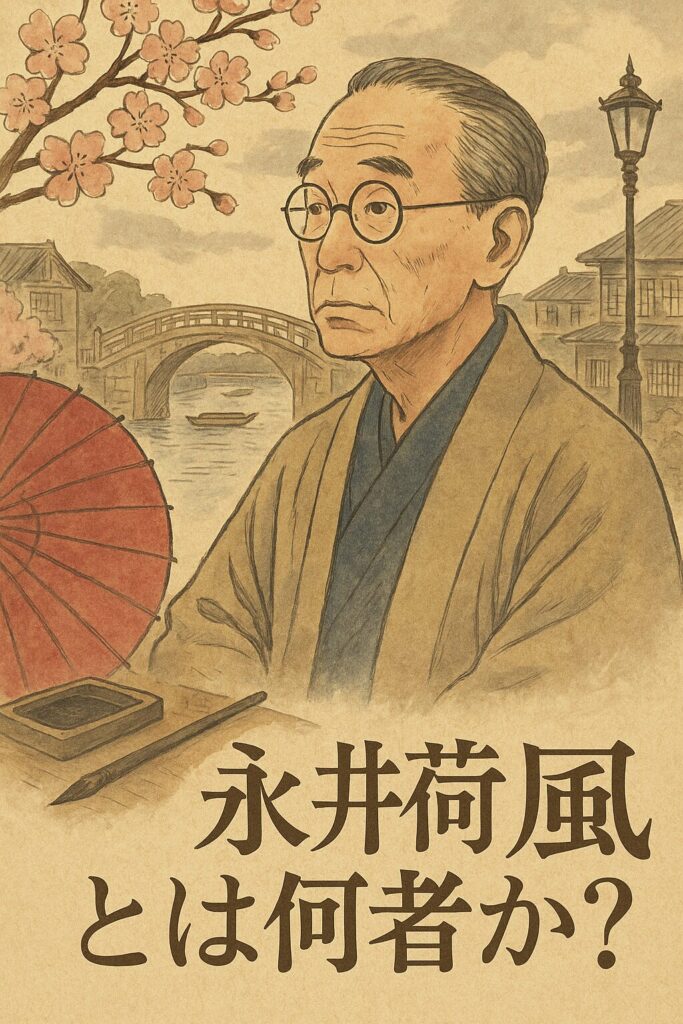 永井荷風のイラスト風肖像と桜、墨田川の橋を背景にした和風ポスター風画像