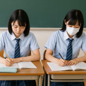 川越高校の女子生徒2人が夏制服で机に向かい、期末テストに向けて勉強している様子