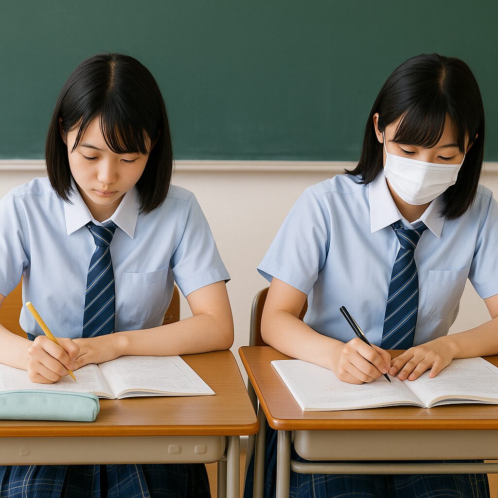 川越高校の女子生徒2人が夏制服で机に向かい、期末テストに向けて勉強している様子