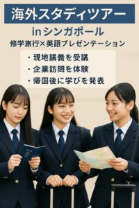 川越高校の女子生徒たちが制服姿で海外スタディツアー（シンガポール）に出発する様子を表現したポスター画像