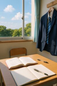 川越高校の教室で、数学や理科の教科書とノートが開かれた机と、青いネクタイの制服がかけられている様子