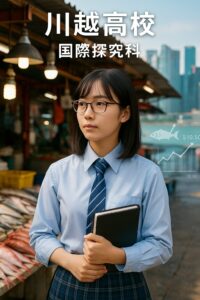 川越高校国際探究科の女子生徒が、シンガポールの魚市場で調査を行っている様子