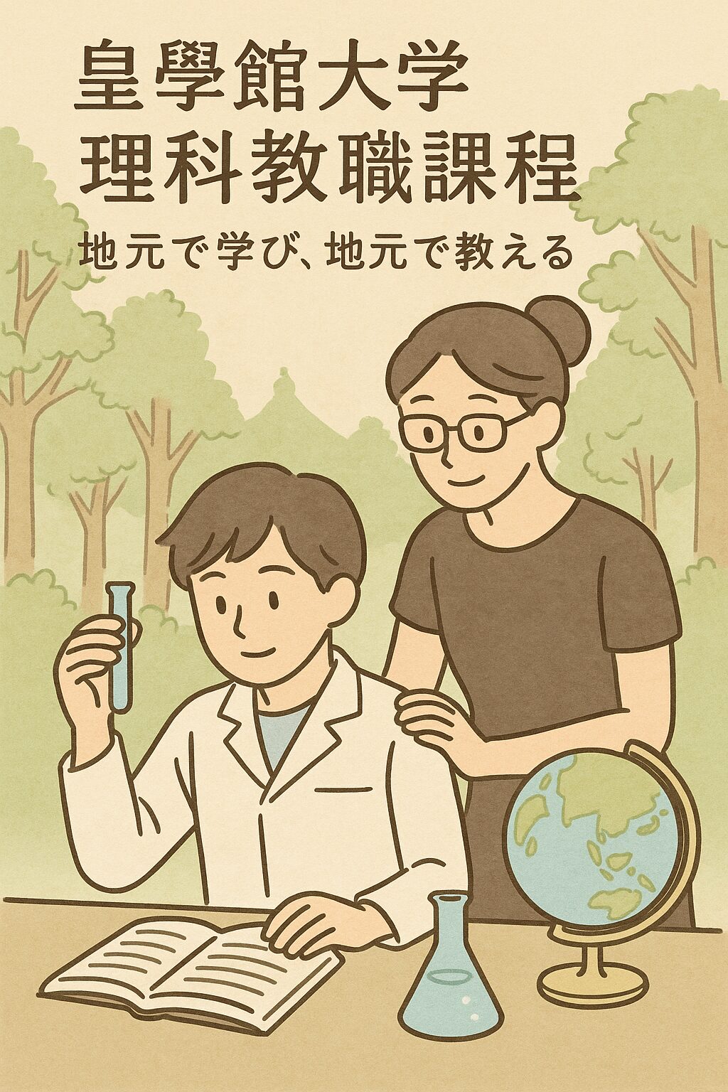 皇學館大学の理科教職課程を象徴する、白衣の学生と先生のイラスト
