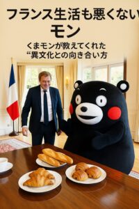 くまモンがフランス大使と朝食を囲み、フランス文化を体験している様子
