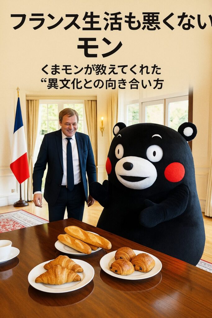 くまモンがフランス大使と朝食を囲み、フランス文化を体験している様子