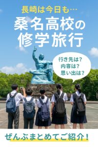 桑名高校の生徒が長崎・平和公園の平和祈念像を見学している修学旅行ポスター
