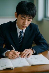 数学のノートに真剣に向き合う桑名高校の男子高校生