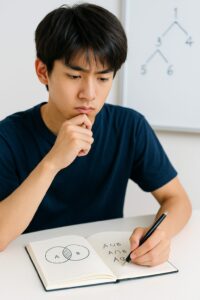 ベン図を見ながら思考する桑名高校の男子高校生