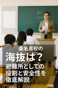 桑名高校の教室で授業を受ける生徒たちと黒板の前に立つ教師。「桑名高校の海抜は？避難所としての役割と安全性を徹底解説」という文字入り。