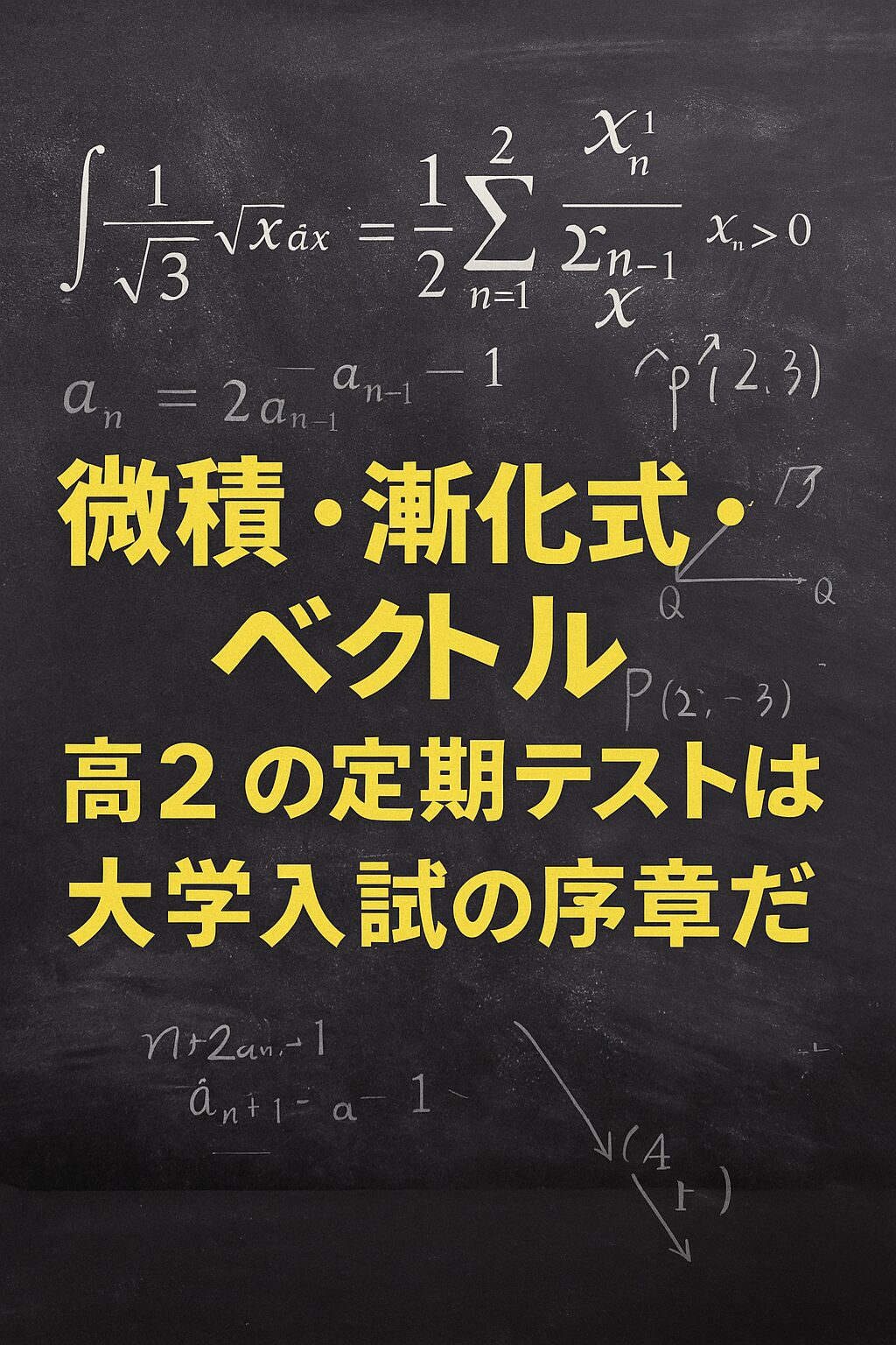黒板に微積・漸化式・ベクトルなど高校数学の数式が書かれ、「高2の定期テストは大学入試の序章だ」というメッセージが黄色の文字で強調された画像。
