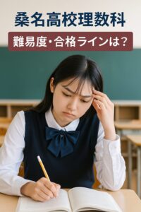 A Japanese female student thinking while studying at her desk in a classroom, symbolizing preparation for the science course entrance exam at Kuwana High School.