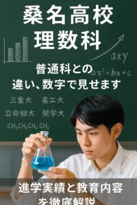 桑名高校理数科の生徒が理科実験に取り組む様子。背景には黒板と数式や大学名が描かれている。