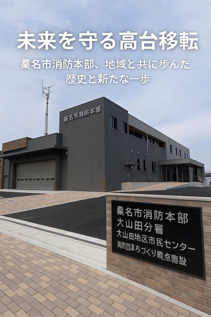 桑名市消防本部の新庁舎と「未来を守る高台移転」の文字