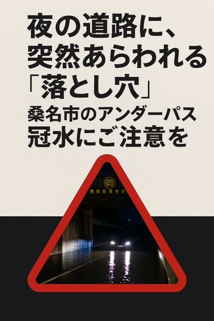 桑名市のアンダーパス冠水に注意を呼びかける警告ポスター。夜間に車が冠水した道路に進入しそうな様子を、三角形の警告標識風に表現している。