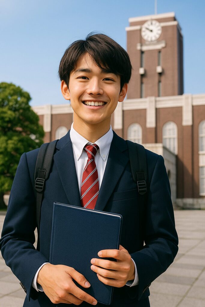 京都大学の時計台前で笑顔を見せる男子大学生のイメージ写真