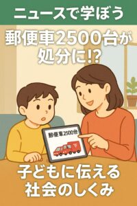 親子がリビングでタブレットのニュースを見ながら郵便トラックの処分について話しているイラスト
