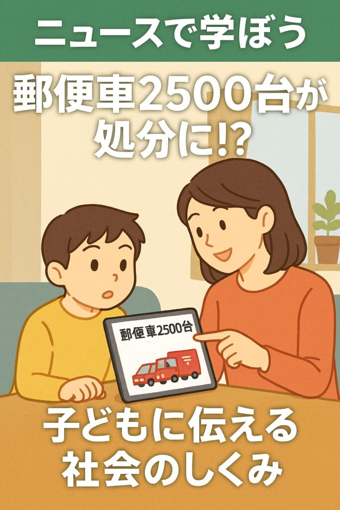 親子がリビングでタブレットのニュースを見ながら郵便トラックの処分について話しているイラスト