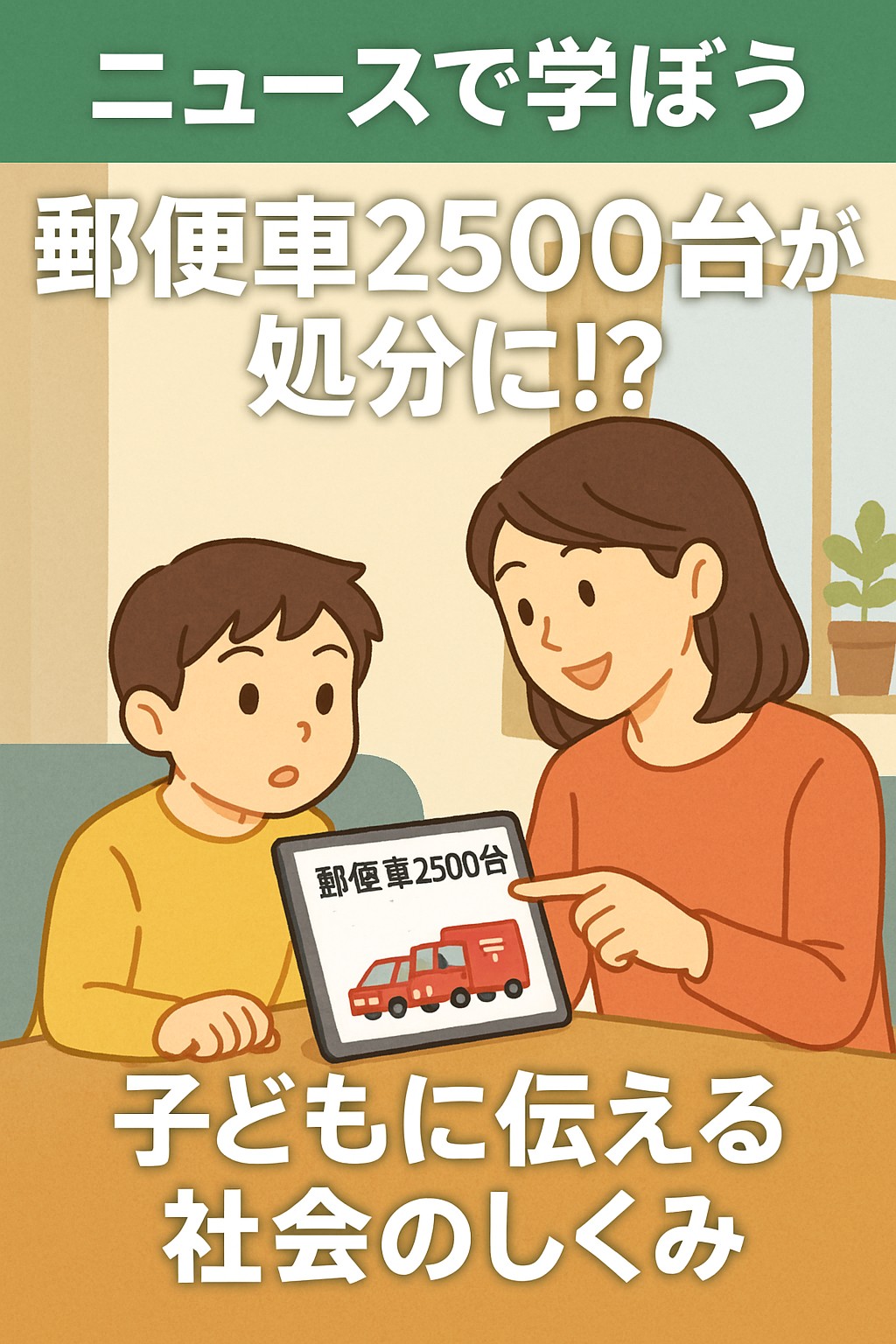 親子がリビングでタブレットのニュースを見ながら郵便トラックの処分について話しているイラスト
