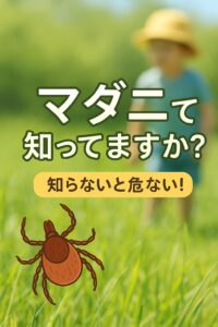草むらに潜むマダニへの注意を呼びかける日本語のポスター。子どもが背景に映り、手前にはマダニのイラストが描かれている。