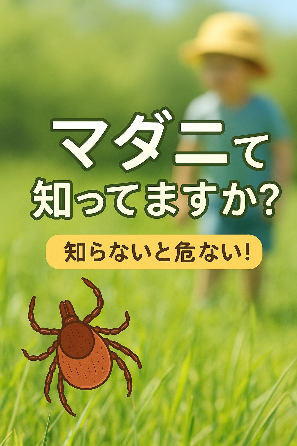 草むらに潜むマダニへの注意を呼びかける日本語のポスター。子どもが背景に映り、手前にはマダニのイラストが描かれている。